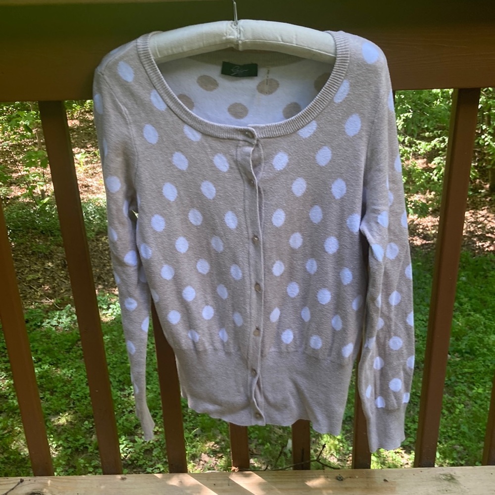 Cejon cotton tan and white polka dot cardigan